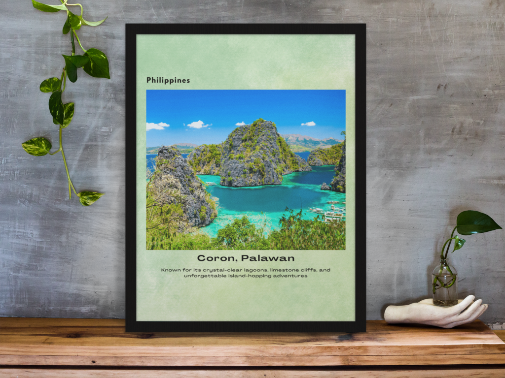 Black frame Coron Palawan travel poster